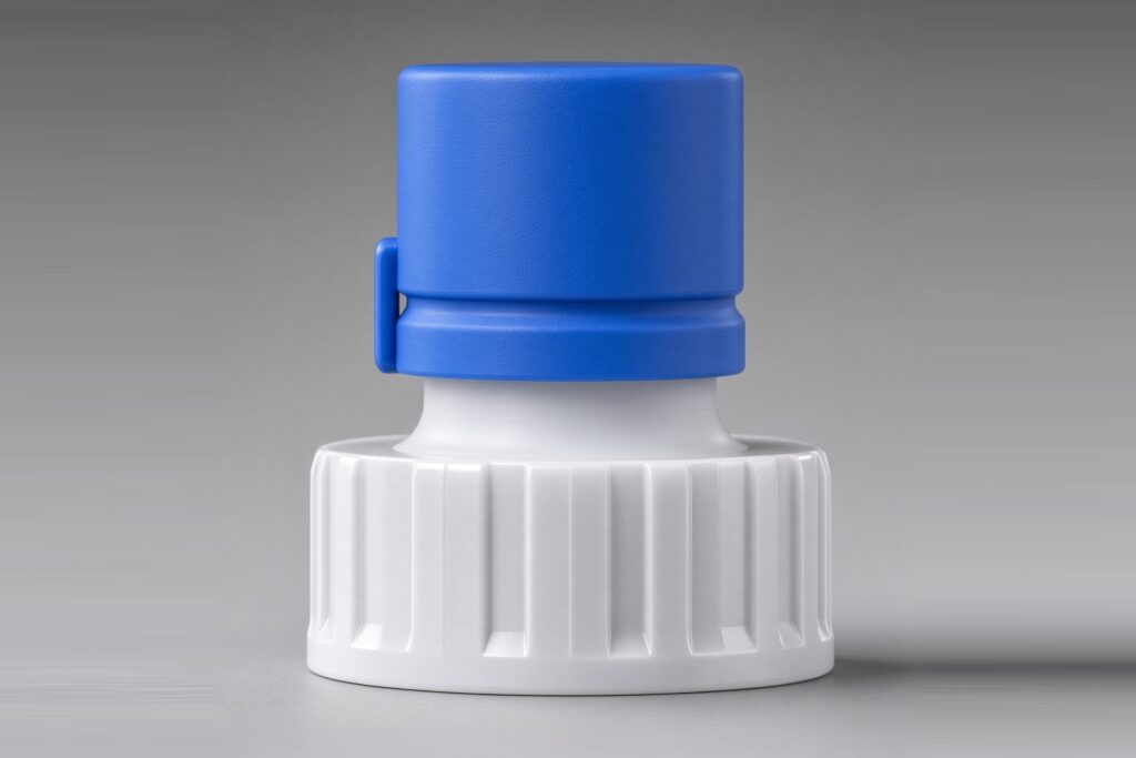Blue and white dispense fitment for beverage dispensers